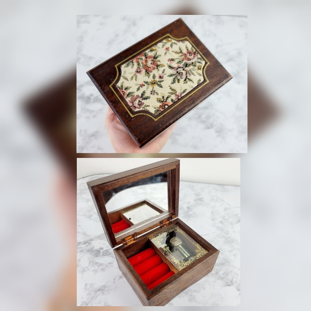 Music Jewelry Box Women Mirror Brown Wooden Small Trinket Accessories Rings